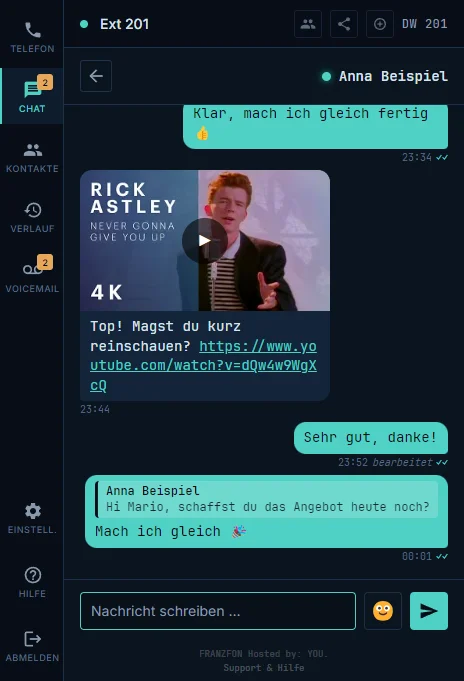 FRANZFON Desktop App - Chat-Thread mit Antworten, Emojis und Link-Vorschau