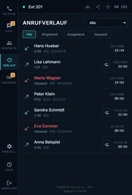 FRANZFON Desktop App - Anrufverlauf ein-, ausgehend und verpasst