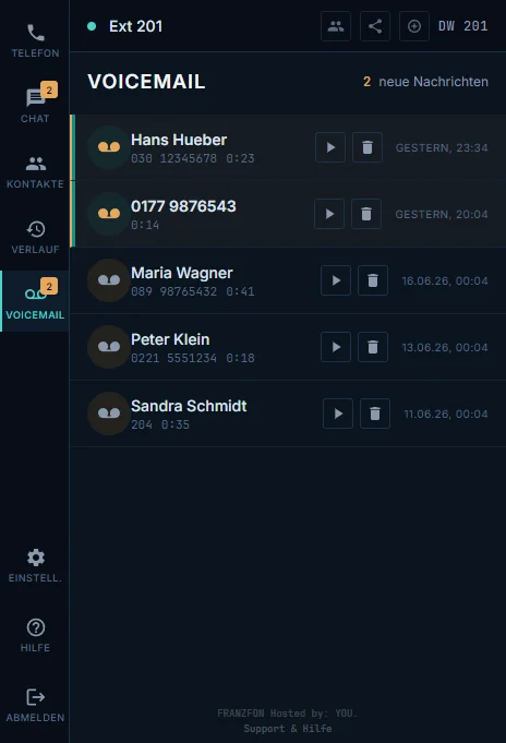 FRANZFON Desktop App - Voicemail mit neuen und alten Nachrichten