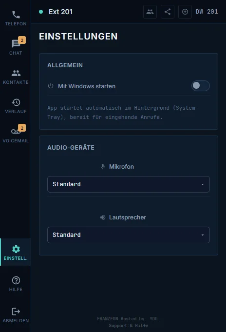 FRANZFON Desktop App - Einstellungen mit Audio-Geräten und Autostart