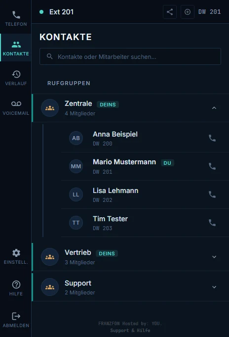FRANZFON Desktop App - Kontakte und Rufgruppen mit Mitarbeitern