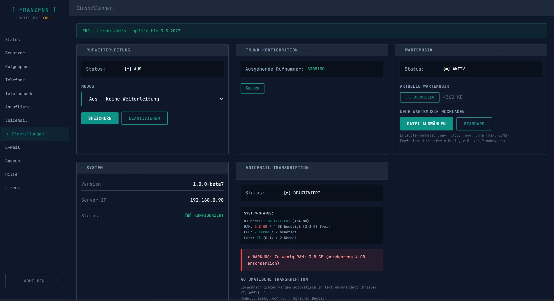 FRANZFON Einstellungen