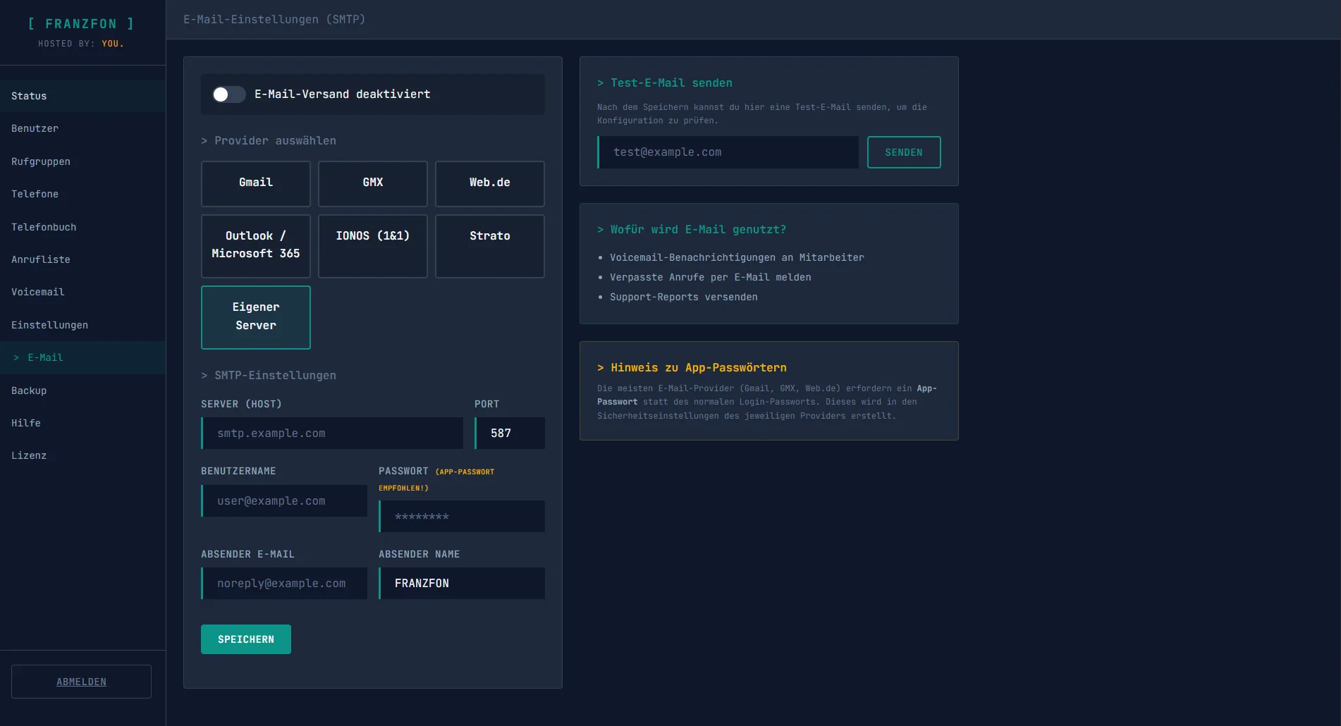 FRANZFON E-Mail-Versand SMTP-Konfiguration
