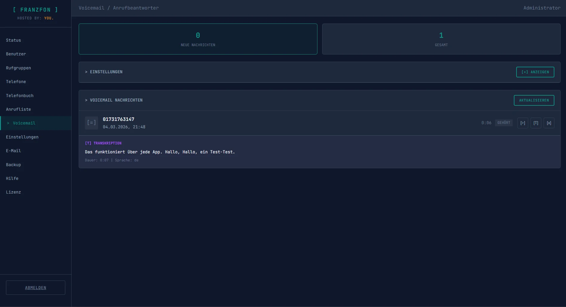 FRANZFON Voicemail mit KI-Transkription