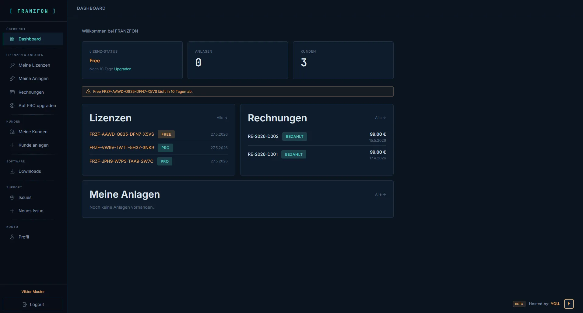 FRANZFON Kundenportal-Dashboard: Lizenzen, Rechnungen und Kunden verwalten