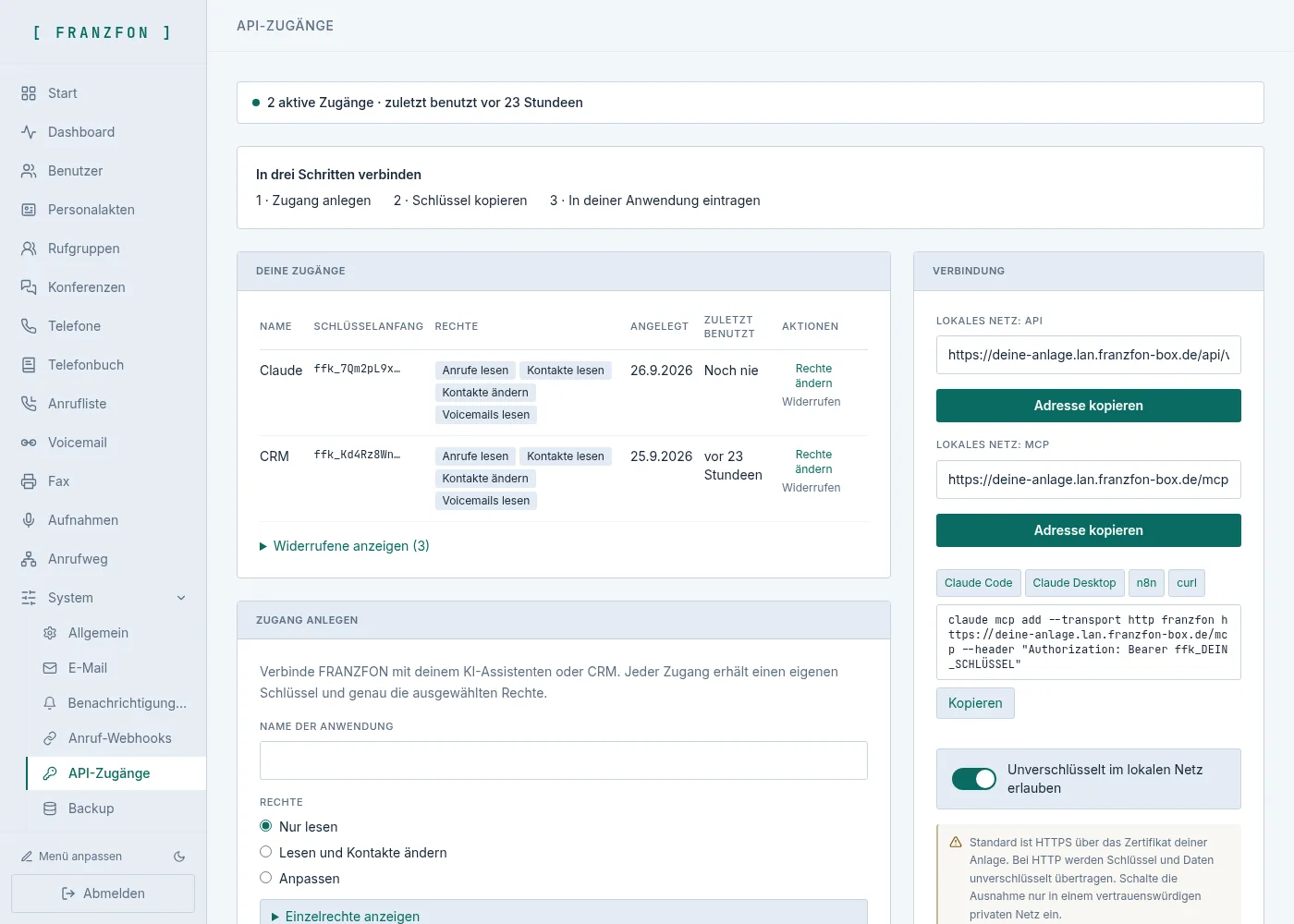 FRANZFON API-Zugänge: Liste der Zugänge mit Rechten und rechts die Verbindung mit fertiger Vorlage für Claude Code