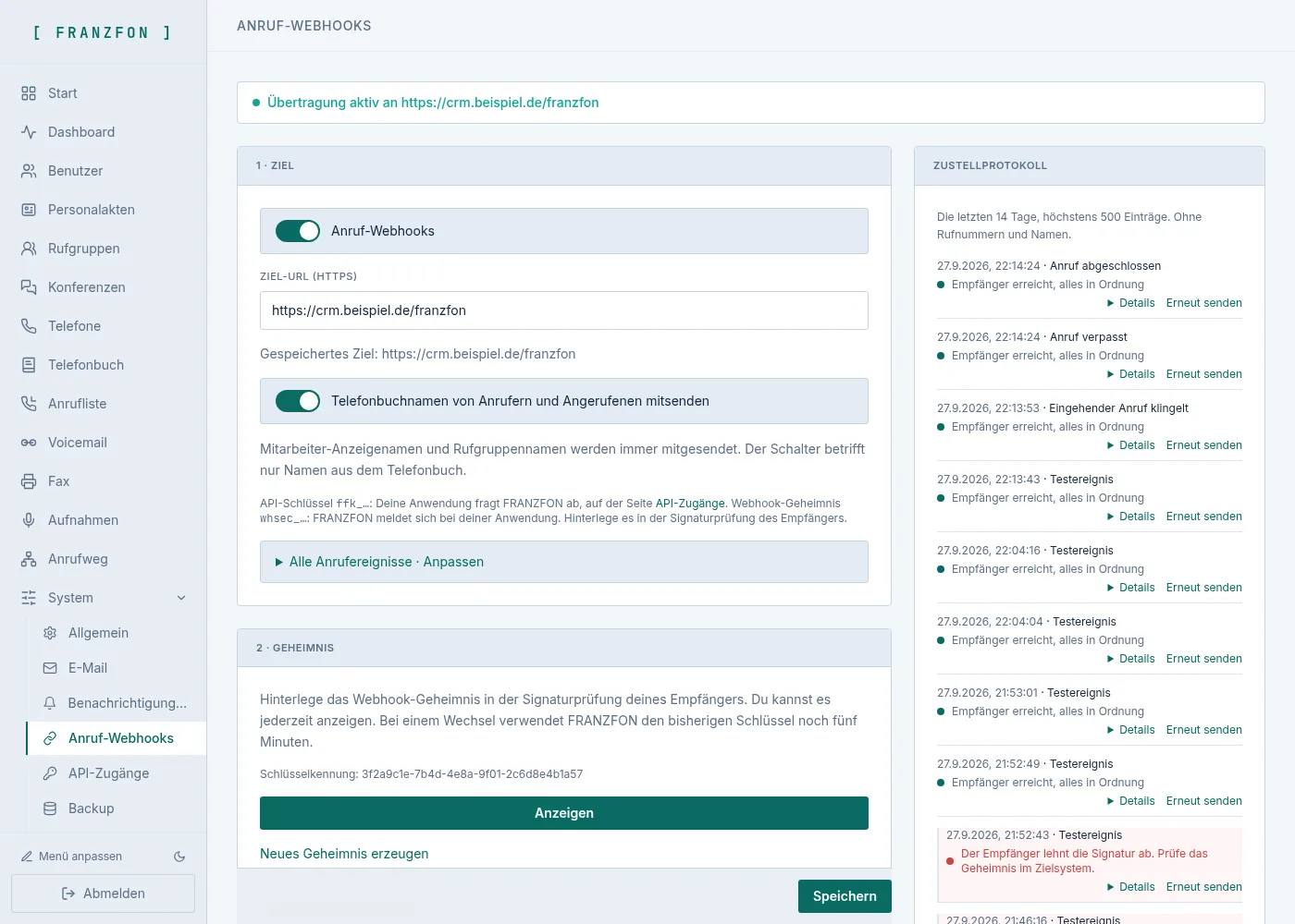FRANZFON Anruf-Webhooks: Ziel und Geheimnis links, rechts das Zustellprotokoll mit dem Ergebnis jeder Meldung