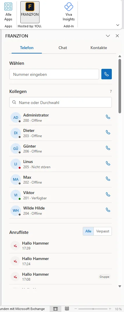 FRANZFON Outlook-Add-in, Seitenleiste mit Wählfeld, Kollegenliste mit Präsenz und Anrufliste