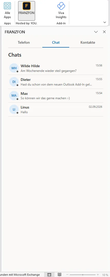 FRANZFON Outlook-Add-in, Reiter Chat mit Kollegenchats