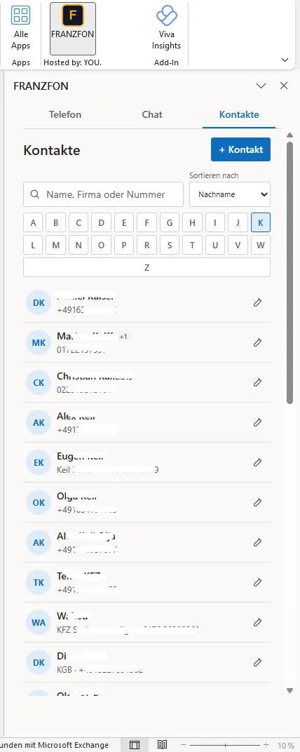 FRANZFON Outlook-Add-in, Reiter Kontakte mit Buchstabenleiste und Sortierung