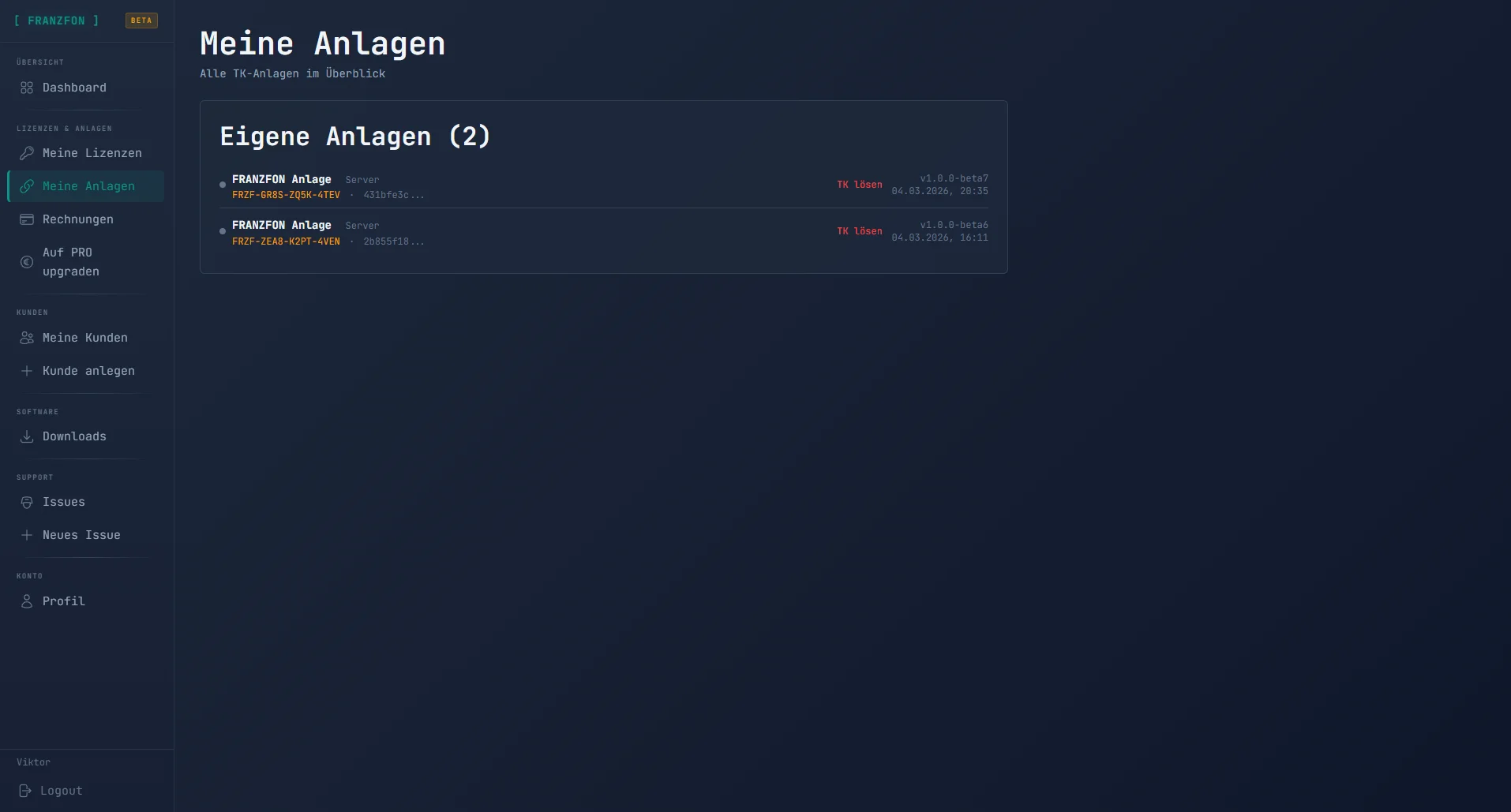 FRANZFON Portal: Meine Anlagen verwalten